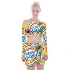 Colorful City Life Horizontal Seamless Pattern Urban City Off Shoulder Top With Mini Skirt Set