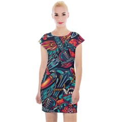 Vintage Tattoos Colorful Seamless Pattern Cap Sleeve Bodycon Dress