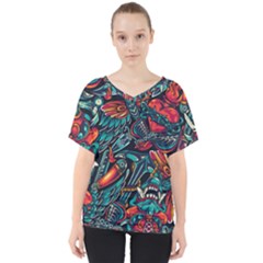 Vintage Tattoos Colorful Seamless Pattern V-Neck Dolman Drape Top