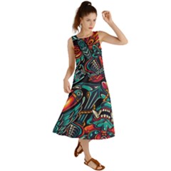 Vintage Tattoos Colorful Seamless Pattern Summer Maxi Dress