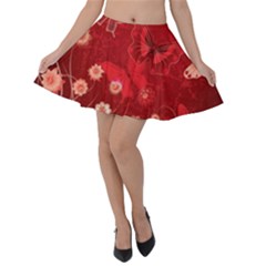 Four Red Butterflies With Flower Illustration Butterfly Flowers Velvet Skater Skirt by Pakjumat