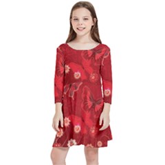 Four Red Butterflies With Flower Illustration Butterfly Flowers Kids  Quarter Sleeve Skater Dress by Pakjumat