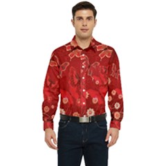 Four Red Butterflies With Flower Illustration Butterfly Flowers Men s Long Sleeve Pocket Shirt  by Pakjumat