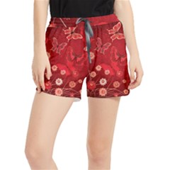 Four Red Butterflies With Flower Illustration Butterfly Flowers Women s Runner Shorts by Pakjumat