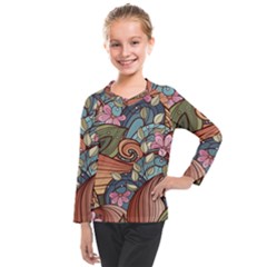 Multicolored Flower Decor Flowers Patterns Leaves Colorful Kids  Long Mesh T-shirt