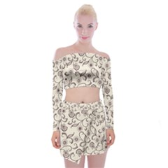 White And Brown Floral Wallpaper Flowers Background Pattern Off Shoulder Top With Mini Skirt Set by Pakjumat