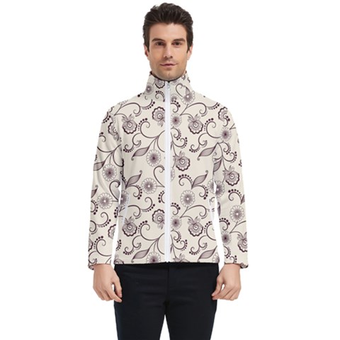 White And Brown Floral Wallpaper Flowers Background Pattern Men s Bomber Jacket by Pakjumat