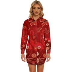 Four Red Butterflies With Flower Illustration Butterfly Flowers Womens Long Sleeve Shirt Dress