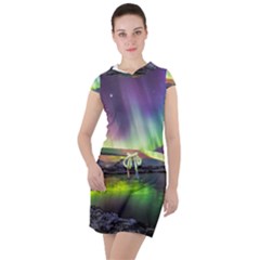 Aurora Borealis Polar Northern Lights Natural Phenomenon North Night Mountains Drawstring Hooded Dress by Pakjumat