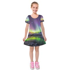 Aurora Borealis Polar Northern Lights Natural Phenomenon North Night Mountains Kids  Short Sleeve Velvet Dress by Pakjumat