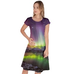 Aurora Borealis Polar Northern Lights Natural Phenomenon North Night Mountains Classic Short Sleeve Dress by Pakjumat