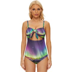 Aurora Borealis Polar Northern Lights Natural Phenomenon North Night Mountains Knot Front One-piece Swimsuit by Pakjumat