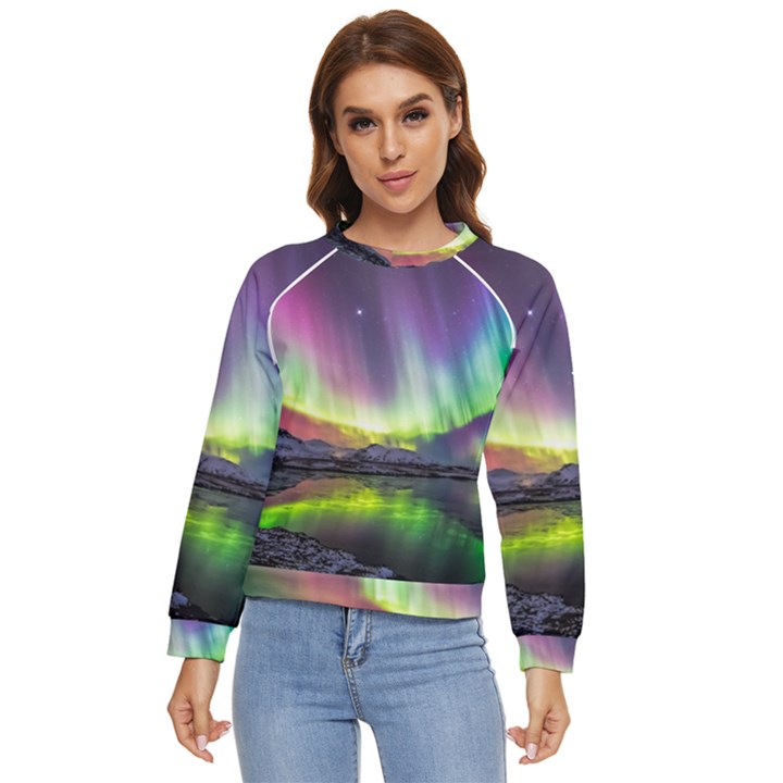 Aurora Borealis Polar Northern Lights Natural Phenomenon North Night Mountains Women s Long Sleeve Raglan T-Shirt