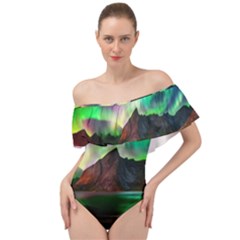 Aurora Borealis Nature Sky Light Off Shoulder Velour Bodysuit  by Pakjumat