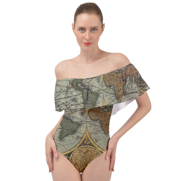 Vintage World Map Travel Geography Off Shoulder Velour Bodysuit 