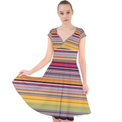 Neopolitan Horizontal Lines Strokes Cap Sleeve Front Wrap Midi Dress