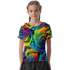 Colorful Roses Bouquet Rainbow Kids  Frill Chiffon Blouse