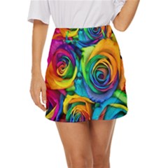 Colorful Roses Bouquet Rainbow Mini Front Wrap Skirt