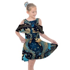 Fish Star Sign Kids  Shoulder Cutout Chiffon Dress