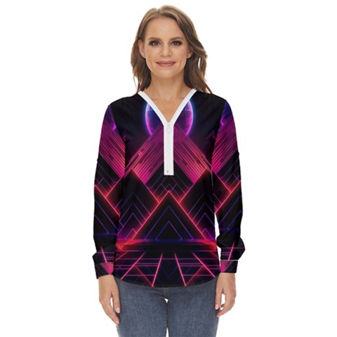 Synthwave City Retrowave Wave Zip Up Long Sleeve Blouse by Pakjumat