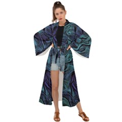 Abstract Blue Wave Texture Patten Maxi Kimono by Pakjumat