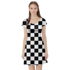 Black White Checker Pattern Checkerboard Short Sleeve Skater Dress by Pakjumat