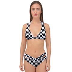 Black White Checker Pattern Checkerboard Double Strap Halter Bikini Set by Pakjumat