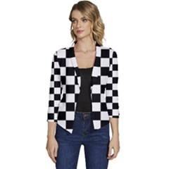 Black White Checker Pattern Checkerboard Women s Casual 3/4 Sleeve Spring Jacket