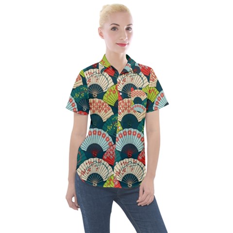 Japanese Fans Bright Pattern Women s Short Sleeve Pocket Shirt by Pakjumat