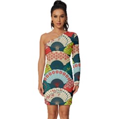 Japanese Fans Bright Pattern Long Sleeve One Shoulder Mini Dress by Pakjumat