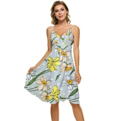 Narcissus Floral Botanical Flowers Sleeveless Tie Front Chiffon Dress