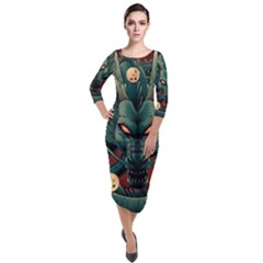 Dragon Art Quarter Sleeve Midi Velour Bodycon Dress by Pakjumat