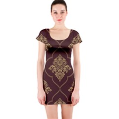 Vector Gold Ornament Pattern Seamless Damask Short Sleeve Bodycon Dress by Pakjumat