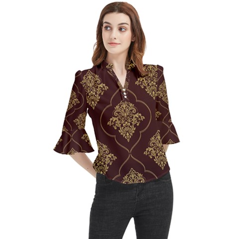 Vector Gold Ornament Pattern Seamless Damask Loose Horn Sleeve Chiffon Blouse by Pakjumat