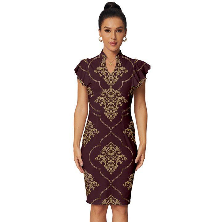 Vector Gold Ornament Pattern Seamless Damask Vintage Frill Sleeve V-Neck Bodycon Dress