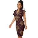 Vector Gold Ornament Pattern Seamless Damask Vintage Frill Sleeve V-Neck Bodycon Dress View2