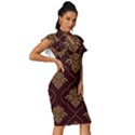 Vector Gold Ornament Pattern Seamless Damask Vintage Frill Sleeve V-Neck Bodycon Dress View3