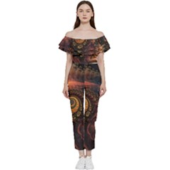 Paisley Abstract Fabric Pattern Floral Art Design Flower Bardot Ruffle jumpsuit