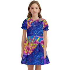 Abstract Paisley Art Pattern Design Fabric Floral Decoration Kids  Bow Tie Puff Sleeve Dress