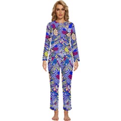 Blue Yellow Background Pattern Vector Texture Paisley Womens  Long Sleeve Lightweight Pajamas Set