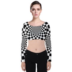 Geomtric Pattern Illusion Shapes Velvet Long Sleeve Crop Top by Pakjumat