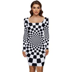 Geomtric Pattern Illusion Shapes Women Long Sleeve Ruched Stretch Jersey Dress by Pakjumat