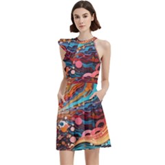 Pattern Abstract Cocktail Party Halter Sleeveless Dress With Pockets by Pakjumat