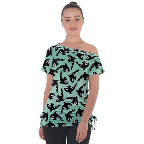 Orca Killer Whale Fish Off Shoulder Tie-up T-shirt by Pakjumat