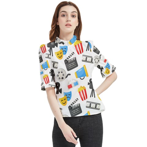 Cinema Icons Pattern Seamless Signs Symbols Collection Icon Frill Neck Blouse by Pakjumat