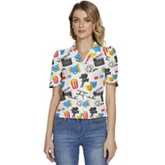 Cinema Icons Pattern Seamless Signs Symbols Collection Icon Puffed Short Sleeve Button Up Jacket