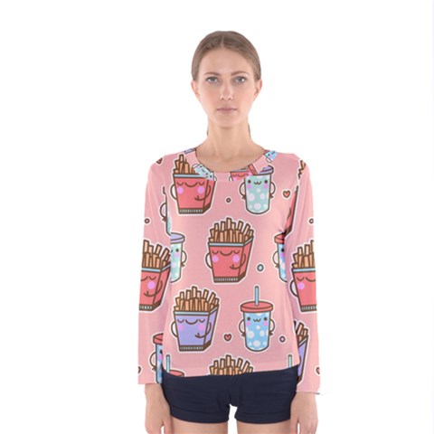 Cute Kawaii Food Seamless Pattern Women s Long Sleeve T-shirt by Pakjumat