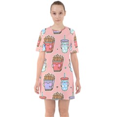 Cute Kawaii Food Seamless Pattern Sixties Short Sleeve Mini Dress by Pakjumat