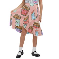 Cute Kawaii Food Seamless Pattern Kids  Ruffle Flared Wrap Midi Skirt by Pakjumat