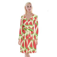 Cute Watermelon Seamless Pattern Long Sleeve Velvet Front Wrap Dress